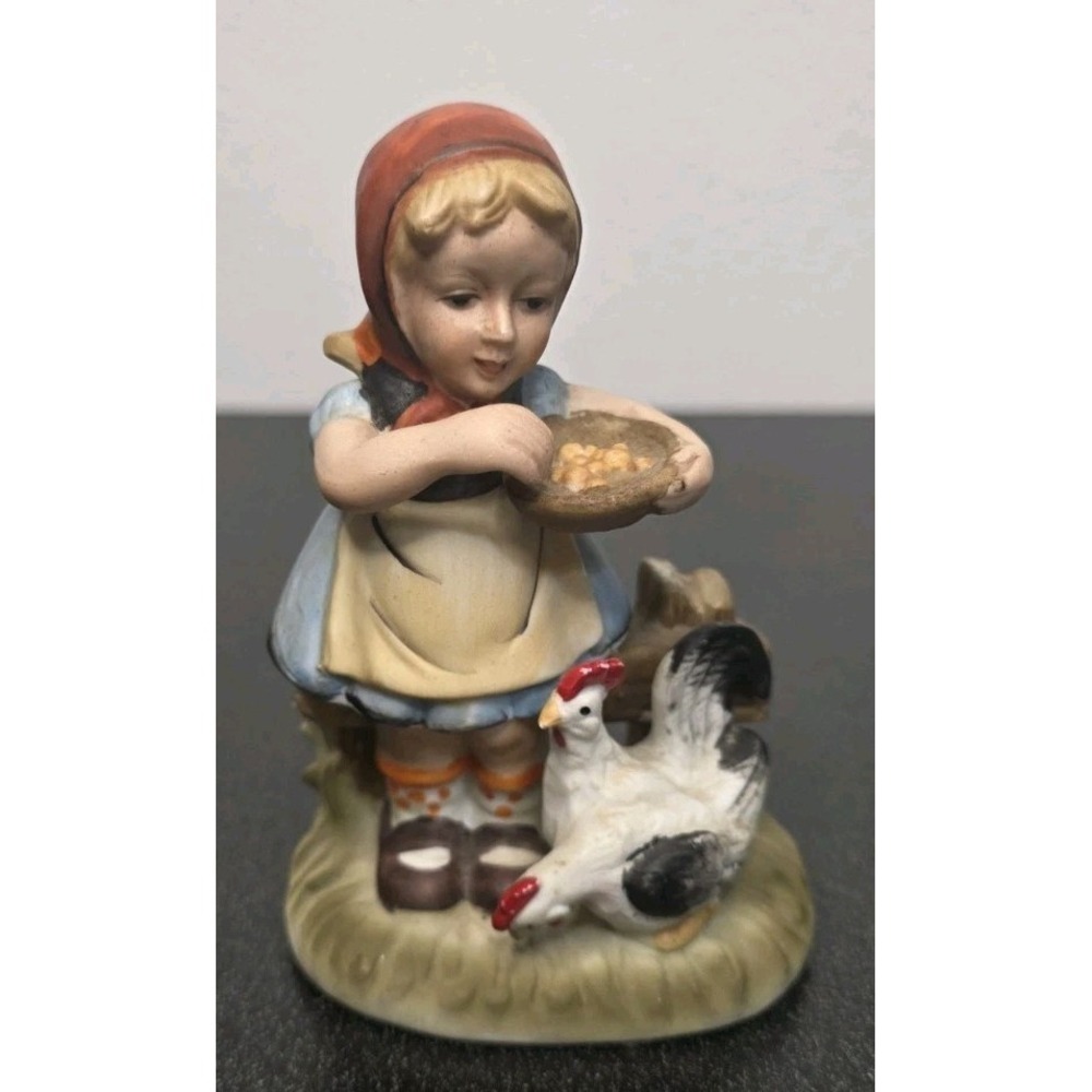 Vintage‎ UCG Korea Girl Feeding Chickens Figurine Hand Painted Farm Child Statue